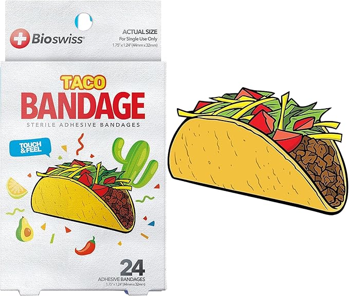 BioSwiss Bandages, Taco Shaped Self Adhesive Bandage, Latex Free Sterile Wound Care, Fun First Aid Kit Supplies for Kids, 24 Count