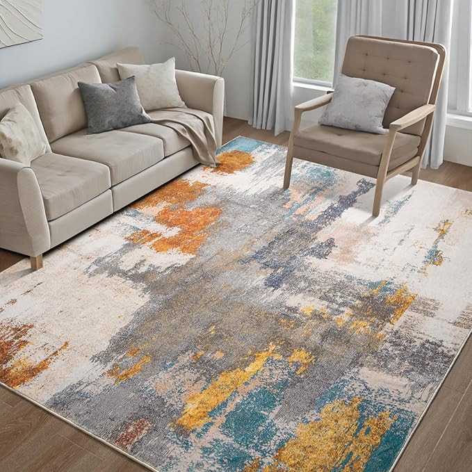Kelarea Living Room Rug, 8x10 Rug Modern Abstract Washable Rugs Grey Faux Wool Vintage Carpets, Non Slip Rugs for Bedroom, Dining Room, College Dorm, Kids Playroom, Home Office
