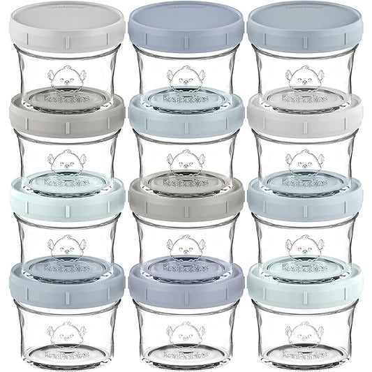 KeaBabies 12pk 4oz Glass Baby Food Containers with Lids - Leak-Proof, Microwavable Small Glass Jars, Baby Purees & Toddler Snack Storage Containers, BPA-Free, Dishwasher & Freezer Safe (Slate)