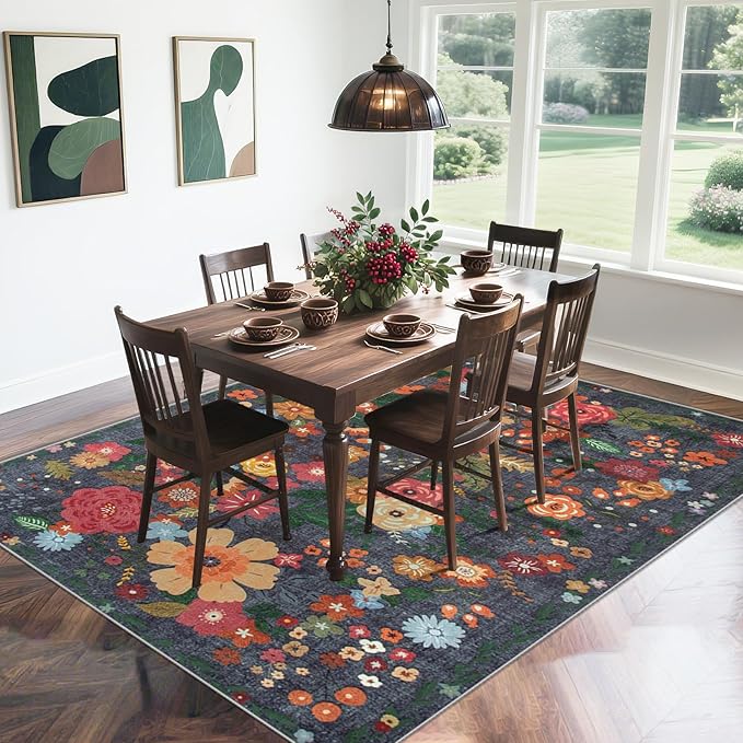 9x12 Area Rug for Living Room: Vintage Floral Washable Rug Soft Boho Non Slip Carpet Large Indoor Floor Non Shedding Low Pile Thin Carpets for Bedroom Dining Room Farmhouse Nursery Home Office Black