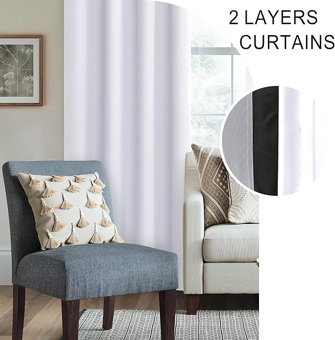 XWZO White 100% Blackout Curtains with Tiebacks- 2 Thick Layers Completely Shaded Rod Pocket Window Treatment Thermal Insulated Lined Drapes for Bedroom/Laundry, White, W42 x L45, Set of 2 Panels