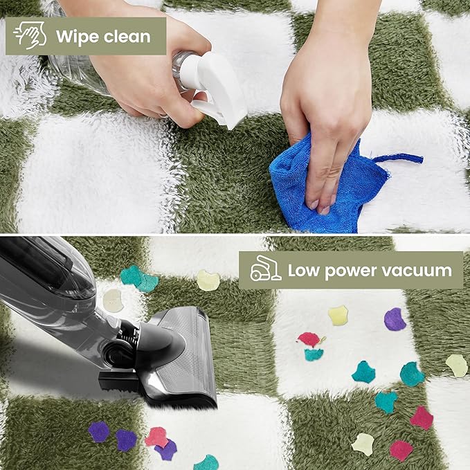 Super Soft Rug for Bedroom, 3x5 Ft Green and White Area Rug Classic Checkered Shaggy Anti-Skid High Pile Soft Fluffy Rug Fuzzy Carpet for Living Room Bedroom Kids Room Nursery, Dorm Home Decor