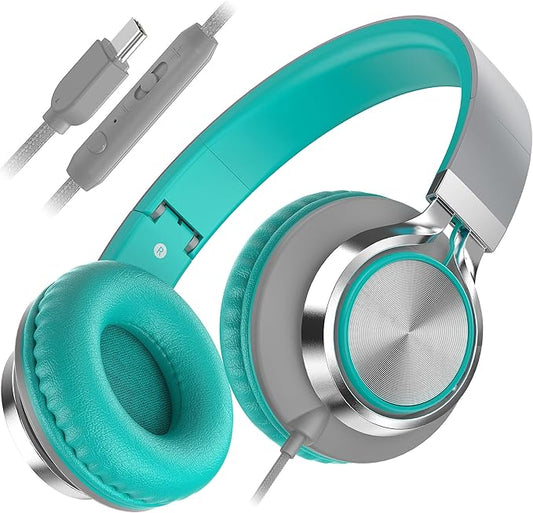 AILIHEN C8 Kids Headphones Wired USB C, USB-C Headphones with Microphone & Volume Control, Foldable Stereo Sound Tangle-Free Type C Cord, Compatible with Cellphone, Laptop, PC, Computer (Grey Mint)