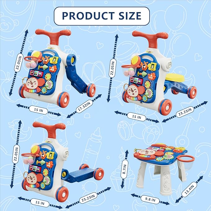 QDRAGON 5 in 1 Push Walkers for Baby Boys, Toddler Learning to Walk, Sit to Stand Walker, Early Learning Push Toy for Infant 12+ Months, Navy Blue