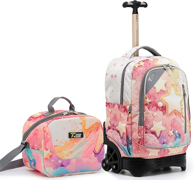 NEW TILAMI Girls 18 inch Rolling Backpack - Large Capacity, Waterproof, Adjustable Handle, Stylish Design, Ideal for School & Travel, Starshine