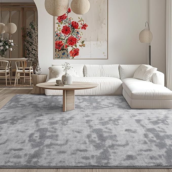 Kimicole 7x10 Washable Area Rugs for Living Room Bedroom, Large Low Pile Ulta-Thin Solid Color Rug, Non-Slip Soft Fluffy Carpet for Nursery Kids Room Dorm Room Home Decor (Light Grey)