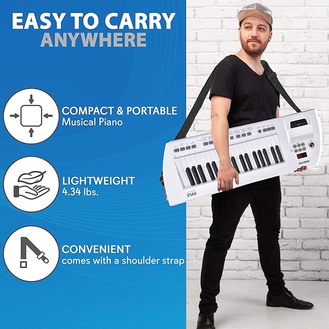 PYLE Electric Piano, 37 Keys Electric Keyboard Piano, Music Keyboard - Built-in Stereo Speakers, Rechargeable Battery, Wired Microphone, Portable Design, 200 Tones, 200 Rhythms, 50 Demos Included