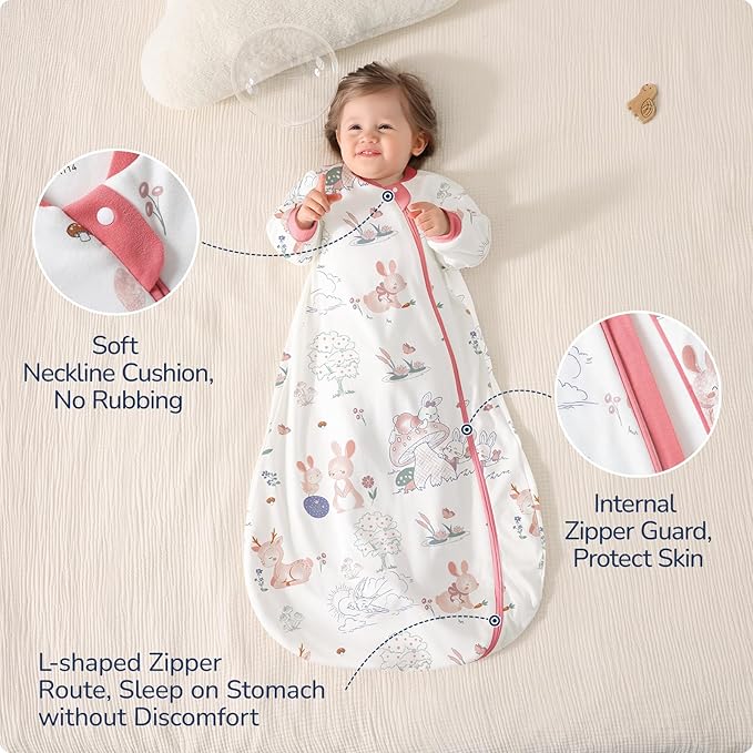 Baby Sleep Sack 18-24 Months, Cotton Detachable Long Sleeve Sleep Sack, 2.5 Tog Toddler Sleeping Sack with Temperature Strips, 2-Way Zipper Wearable Blankets for Newborns, Bunny