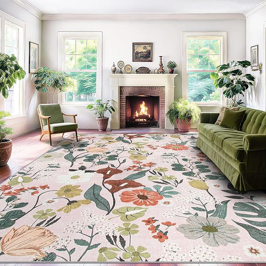 Area Rug Living Room Rugs: 5x7 Washable Rug Vintage Floral Soft Boho Non Slip Carpet Indoor Floor Non Shedding Low Pile Thin Carpets for Bedroom Dining Room Farmhouse Nursery Home Office Light Pink