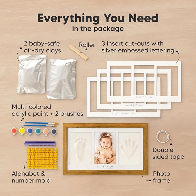 Baby Hand and Footprint Kit - Clay Handprint Keepsake Frame, Newborn Nursery Picture Frame, Personalized New Mom Gifts for Baby Shower & Registry (Golden Wheat)