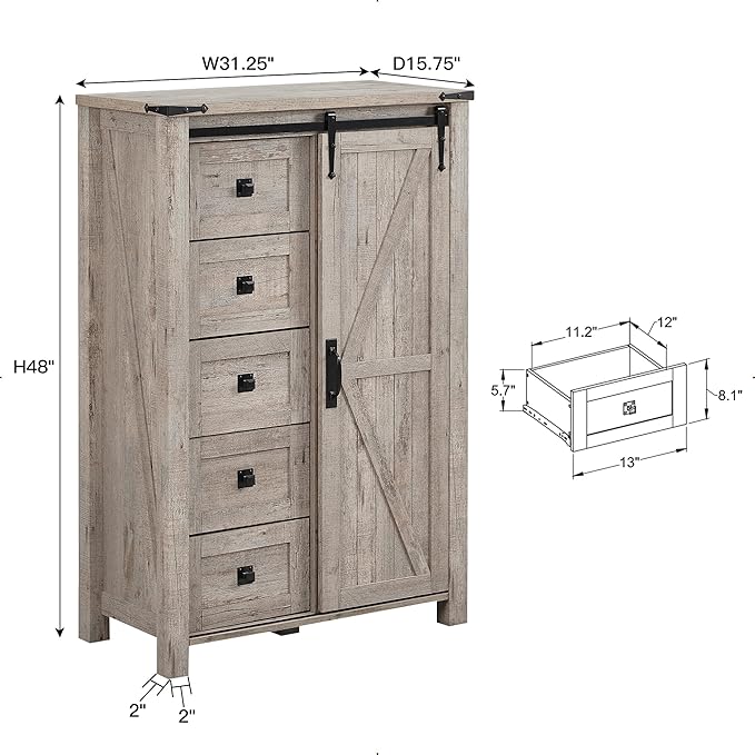T4TREAM 5 Drawers Dresser for Bedroom w/Sliding Barn Door, Farmhouse Modern Tall Dresser 5 Chest of Drawers, Storage Organizer for Bedroom, Hallway, Living Room, Kids Room, Light Rustic Oak