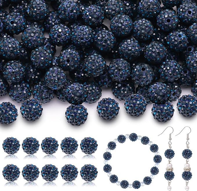 105pcs 10mm Rhinestone Beads for Jewelry Making, Blue Black Shiny Round Disco Ball Beads Bulk, Sparkle Crystal Clay Christmas for Bracelet Baseball Necklace Earring Crafting and DIY