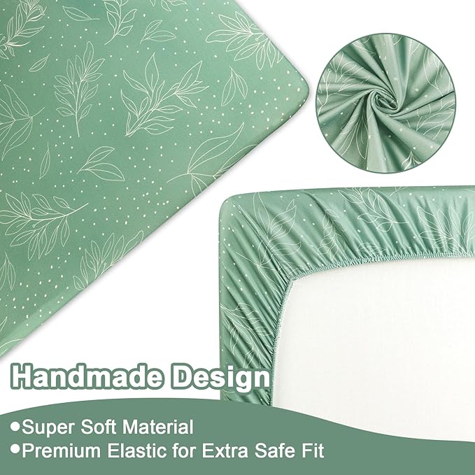 Green Leaf Crib Bedding Set, 4-Piece Baby Boy Bedding Set, Neutral Nursery Bedding Set, Fitted Crib Sheet, Crib Skirt, Baby Quilt, and Diaper Stacker, Sage