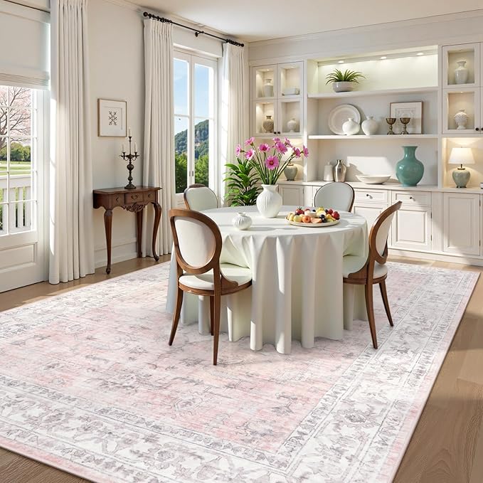 LIVEBOX Pink 9x12 Area Rug for Bedroom Girls, Boho Washable Rugs for Living Room Nursery, Non-Slip Indoor Soft Carpet Low-Pile Farmhouse Carpets for Dining Room Kids Playroom, Pink