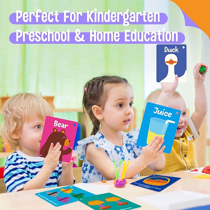 110 PCS Sight Word Flashcards, Double Sided Cards- Alphabet, Foods, Animals, Home Object with 4 Reclosable Rings, Early Learning Tool for Pre-K Kindergarten Toddlers