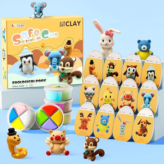 Air Dry Clay Kits for Kids-Modeling Magic Clay,12 Animals DIY Molding Clay Art Crafts Set,Ultra Light & Soft, Safe & Non-Toxic with Sculpting Tools & Tutorials, Unique Gifts for Boys & Girls