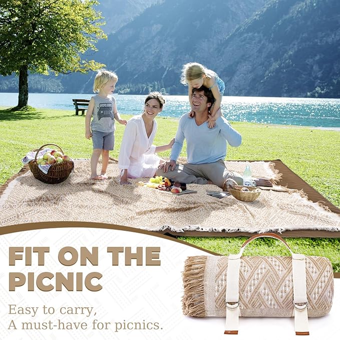 Genovega 2 in 1 Extra Large Outdoor Picnic Blanket Waterproof Woven Boho Mat Giant Beach Towel Travel Essential Yoga Accessories Park Patio Lawn Garden Grass Ground Music Festival Concert Must Have