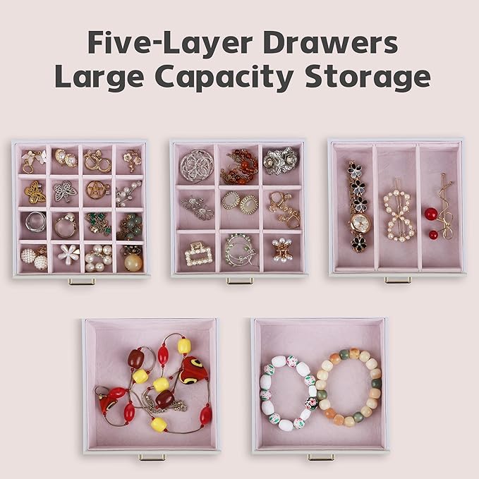 Kendal Jewelry Box, 6-Layer Jewelry Storage Organizer for Necklace Bracelet Rings Watch, 10.2"x8.2"x6" Classic PU Leather 5 Drawers Large Storage Capacity with Mirror