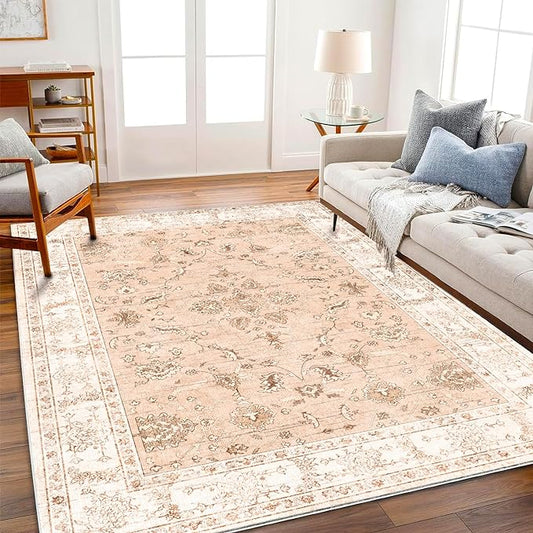 5x7 Washable Foldable Thin Area Rug Tangerine Vintage Rug Traditional Floor Cover Retro Indoor Distressed Non Slip Carpet Floral Print Bedroom Living Room Bathroom Mat