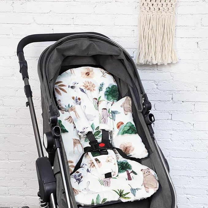 Infant Car Seat Insert and Strap Covers, Very Soft Car Seat Head Support Baby Girl Boy, Reversible Newborn Carseat Insert Cushion Fits for Stroller, Baby Swing, Bouncer (White Animals)