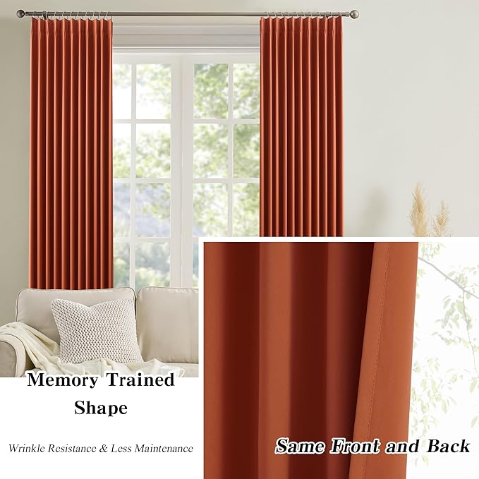 KEQIAOSUOCAI Extra Long Pinch Pleated Curtains 120 Inches Long 2 Panels Set, Pleat with Hooks, Thermal Insulated Blackout Window Drapes Rustic Curtain for Bedroom 40x120,Burnt Orange