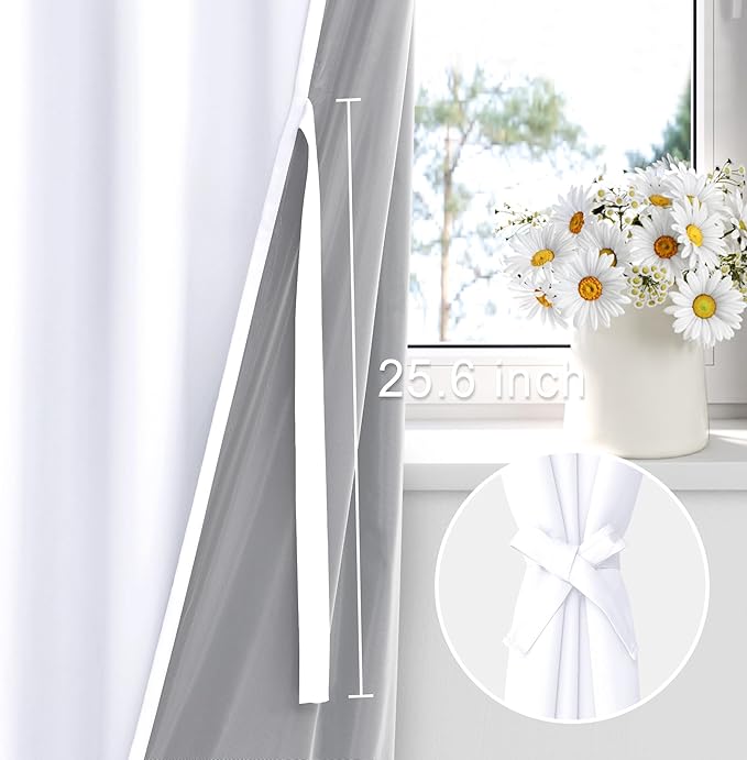 XWZO White 100% Blackout Curtains - Heat and Full Light Blocking Drapes with Black Liner for Bedroom/Laundry Room, Rod Pocket Window Panels with Tiebacks, White, W42 x L63, Set of 2