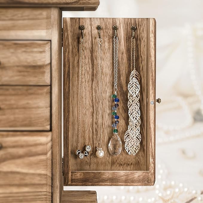 Jewelry Box for Women, Rustic Wooden Jewelry Boxes & Organizers with Mirror, 4 Layer Jewelry Organizer Box Display for Rings Earrings Necklaces Bracelets (Rustic Brown)