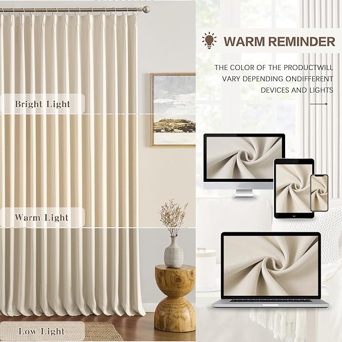 KEQIAOSUOCAI Pleated Room Darkening Privacy Curtains for Windows 102 inch Length - Solid Pinch Pleats Light Reducing Panels for Bedroom Living Room (Cream Beige, 60x102, 2 Panels = 120" Wide)