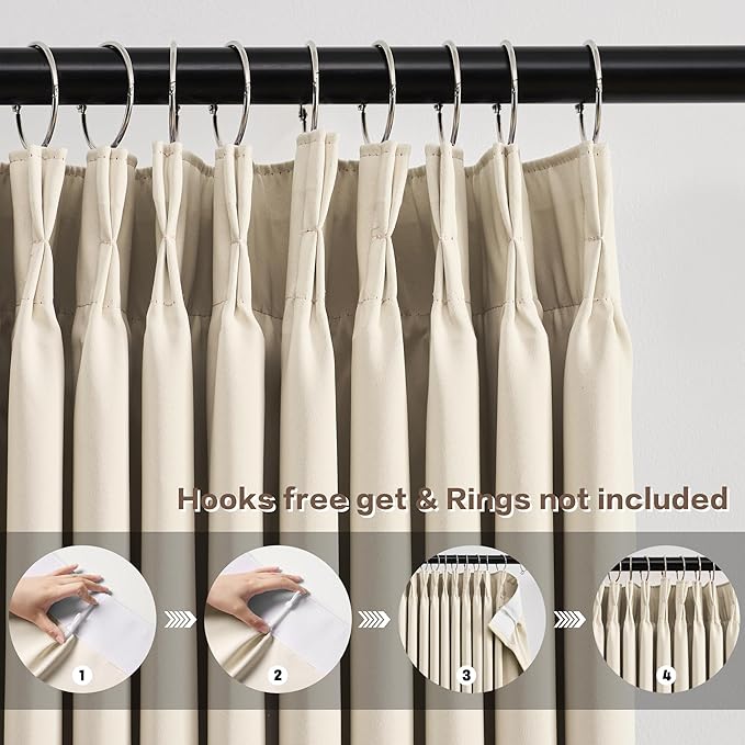 KEQIAOSUOCAI Cream Beige Curtains 72 inch Wide x 108 inch Long 2 Panels - Thermal Room Divider Curtains for Bedroom/Living Room/Patio, Wide Width Pinch Pleated Ceiling Track Curtain Panel with Hooks