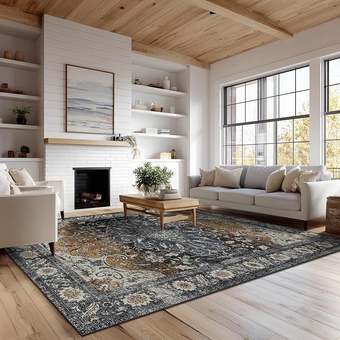 Washable 6x9 Area Rug for Living Room, Carpet for Bedroom Dining Room, Non Slip&Non-Shedding Resistant Low Pile Vintage Print Rug for Home Office (Tan/Gray)