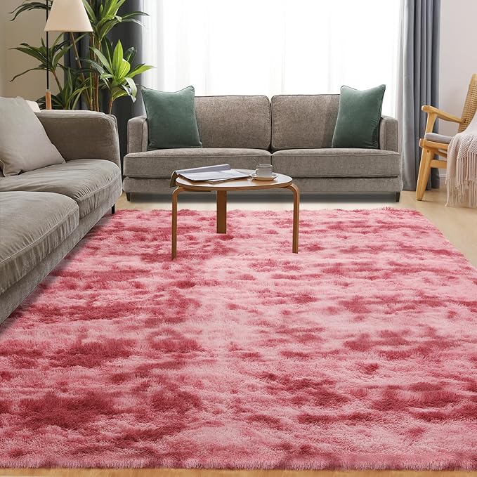 Area Rugs 9x12, Fluffy Rugs for Living Room, Ultra Soft Rugs for Bedroom, Non-Slip Indoor Carpet for Nursery, Kids Room, Playroom, Home Decor, Tie-Dyed Dark Pink