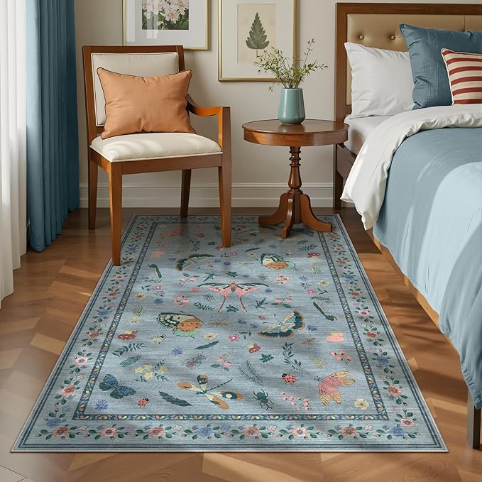 3x5 Washabl Rug with Insect Print - Bug Rug Non-Shedding Stain Resistant Soft Small Carpet for Bedroom, Low Pile Ultra-Thin Machine Washable Carpet for Nursery,Entrance, Office (3'x5' Blue)