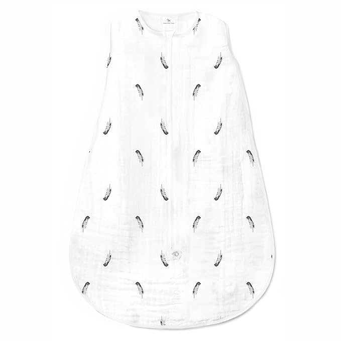 Amazing Baby Cotton Muslin Sleeping Sack, For Baby Boy or Girl, Wearable Blanket with 2-way Zipper, Little Feather, Black, Small (0-6 Month)
