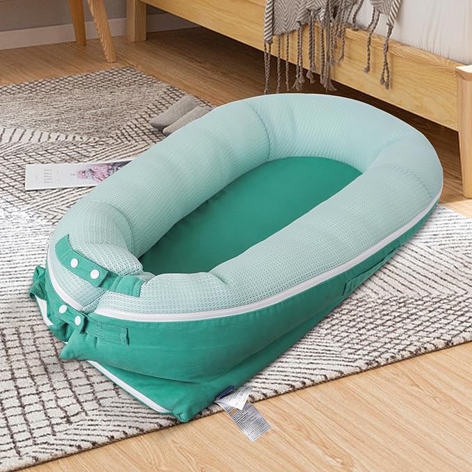 Baby Lounger, Deluxe Infant Lounger, Baby Nest Cover for Baby, Breathable Cotton, Adjustable Baby Floor Seat for Tummy Time, Newborn Essentials for Baby 0-12 Months (Greener)