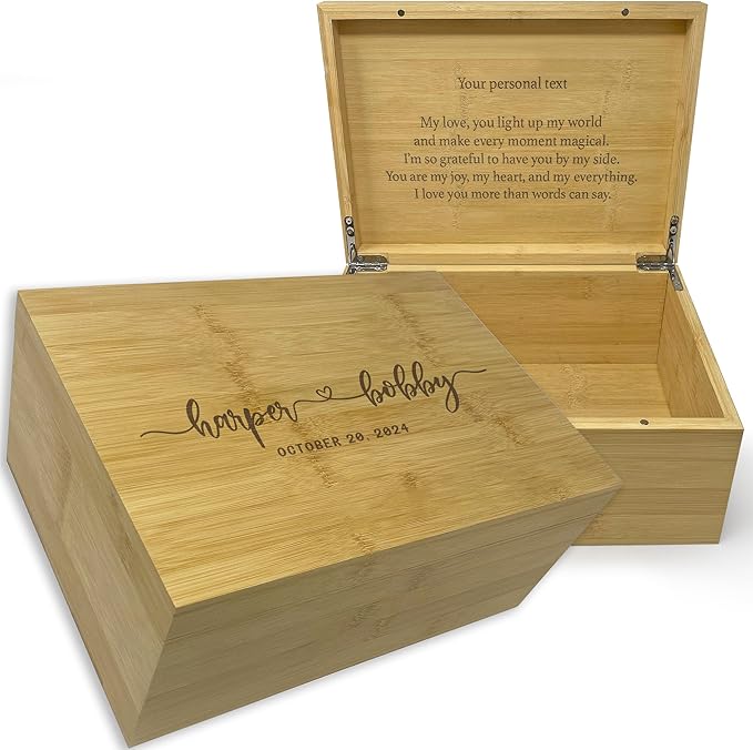 Personalized Love Box for Memories - Engraved Keepsake Box w/ Couples Names, Anniversary Wedding Gift for Couple, Bamboo Wood Decorative Chest, Custom Memory Storage, Hidden Message, 11 x 8 x 4.75 in