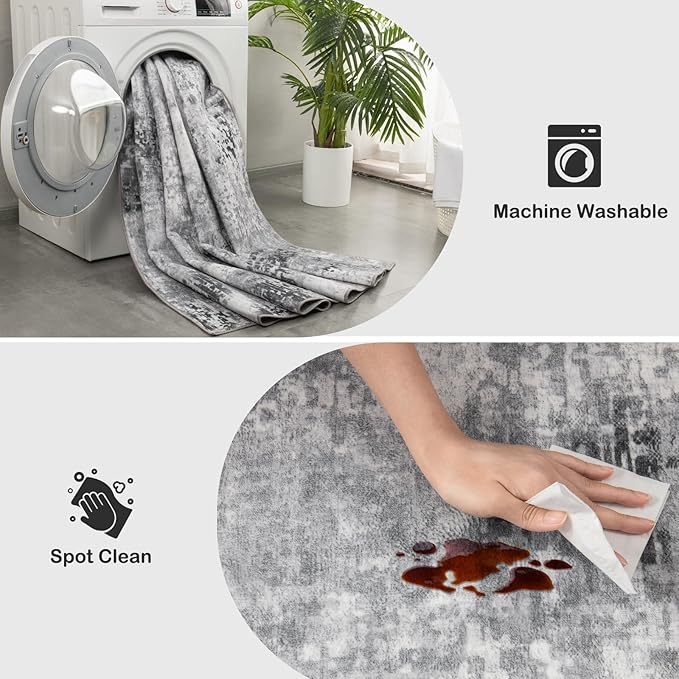 Kelarea Living Room Rug 8x10 Grey Rug Machine Washable Large Area Rugs, Non Slip Abstract Vintage Indoor Carpet for Bedroom, Nursery, Classroom, Dining Room, Home Office