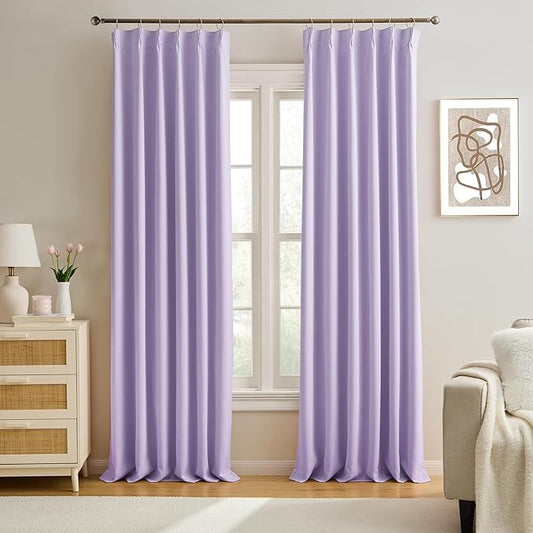 KEQIAOSUOCAI Pinch Pleats Lilac Curtains 92 Inches Long,Home Fashion Microfiber Thermal Insulated Solid Pleated Room Darkening Curtain for Bedroom (Lavender, 2 Panels, 40 Width by 92 Length)