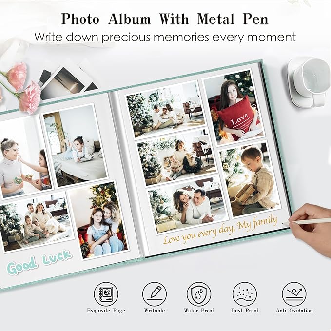 Spbapr Large Photo Album Self Adhesive 3x5 4x6 5x7 8x10 Pictures Magnetic Scrapbook 40 Blank Pages Linen Cover DIY Album with A Metal Pen Light Gray