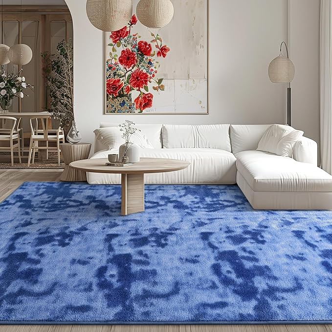 Kimicole 7x10 Washable Area Rugs for Living Room Bedroom, Large Low Pile Ulta-Thin Solid Color Rug, Non-Slip Soft Fluffy Carpet for Nursery Kids Room Dorm Room Home Decor (Blue)
