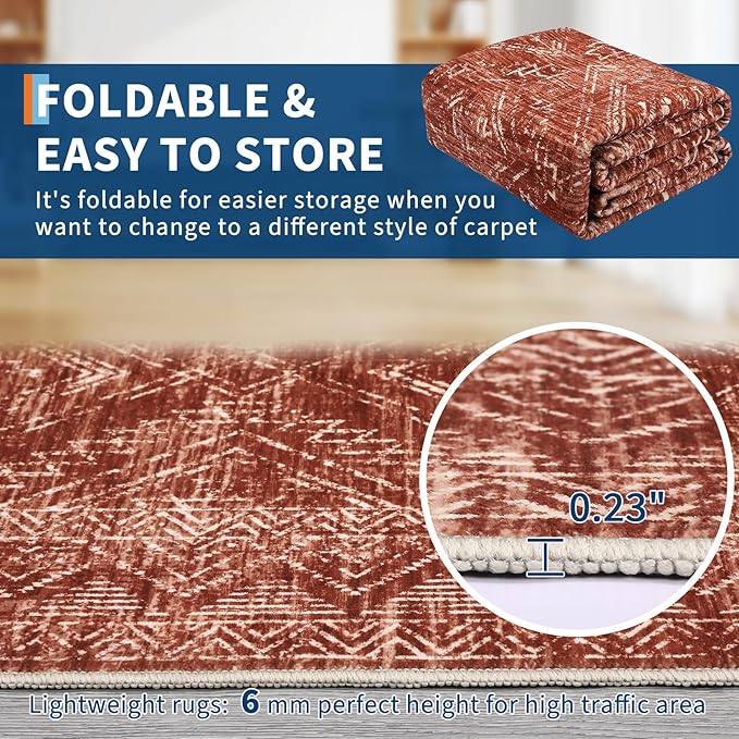 COZYLOOM 2x6 Rug Modern Indoor Area Rug Machine-Washable for Living Room or Hallway Softness Foldable Mat for Easy Storage Geometric Design Non Slip Rug Low Pile Stain Resistant Carpet, Brick Red