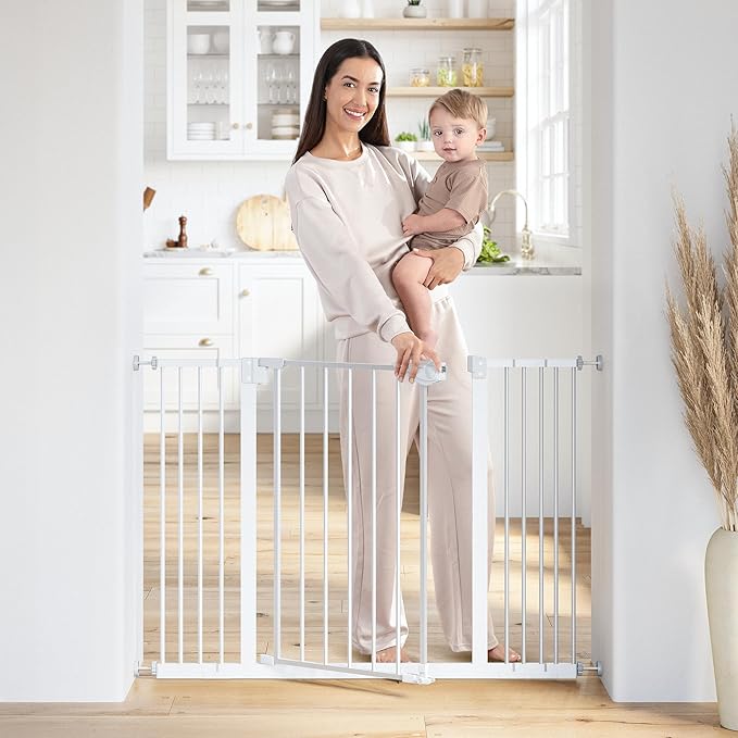 Comfy Cubs Baby Safety Gate with 3 Extensions - Adjustable 42" x 1.9" x 30" Q195 Steel Doorway Barrier - Powder-Coated Finish for Stairs and Doorways - Walk-Through Design Pet Gate - White