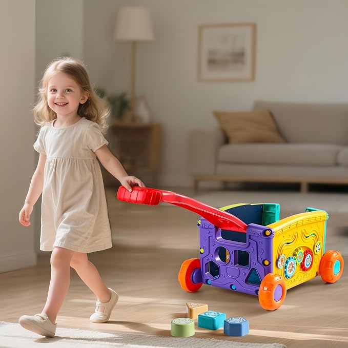 Interactive Learning Push Walker Toy for Toddlers, Musical Activity Wagon with Handle, Educational Rolling Cart with Blocks