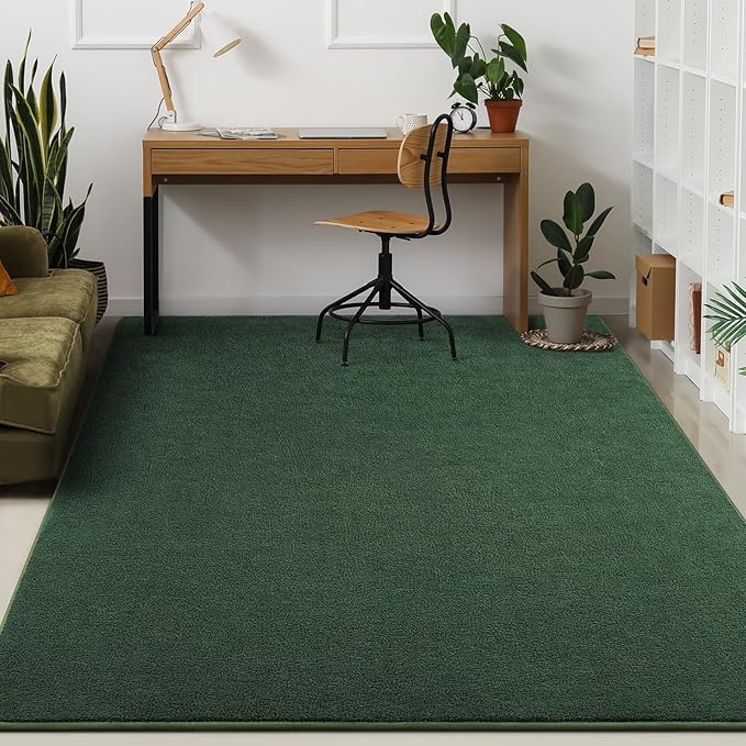 Kimicole 6x9 Washable Area Rugs for Living Room Bedroom, Large Low Pile Ulta-Thin Solid Color Rug, Non-Slip Soft Fluffy Carpet for Nursery Kids Room Dorm Room Home Decor (Dark Green)