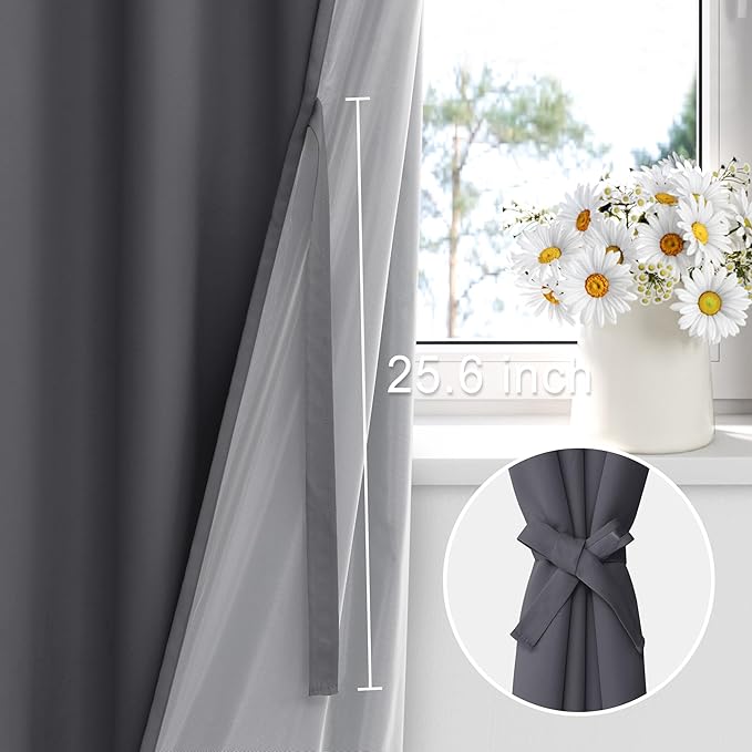 XWZO 100% Blackout Window Curtains - Thermal Insulated & Noise Reduction Black Liner Rod Pocket Window Treatment Sewn with Tiebacks for Bedroom/Living Room, Dark Grey, W42 x L72, Set of 2