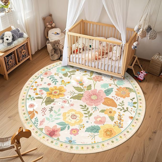 Floral 6ft Area Rug Machine Washable Soft Print Boho Carpet Non Slip Doormat Low Pile Flower Area Rugs for Living Room Bedroom Nursery Kitchen Dining Room Indoor-Beige/White/Orange