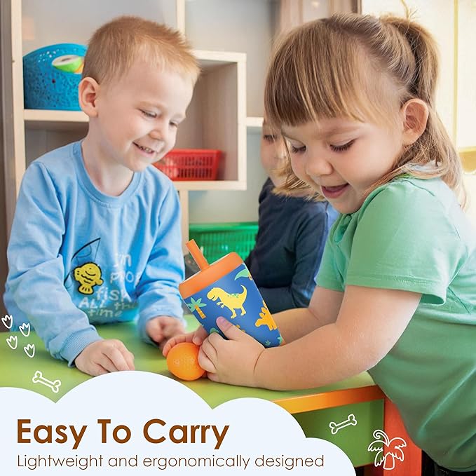 Kid Insulated Stainless Steel Tumbler with Silicone Straw, 12oz Sippy Cup for Kids (Dinosaurs)