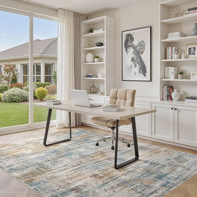 Area Rug for Living Room: 6x9 Washable Neutral Abstract Modern Soft Rugs Non Slip Indoor Floor Stain Resistant Large Carpet for Bedroom Dining Room Office Nursery - Blue Brown