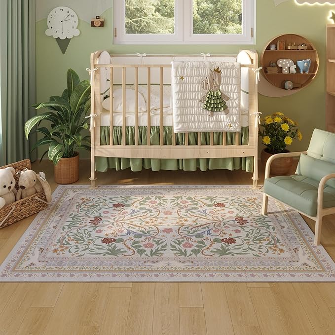 Area Rug 4x6 Rug Washable Vintage Floral Botanical Rugs Non Slip Low Pile Small Carpet for Bedroom, Bedside, Kids Room, Office, Dining Room, Beige