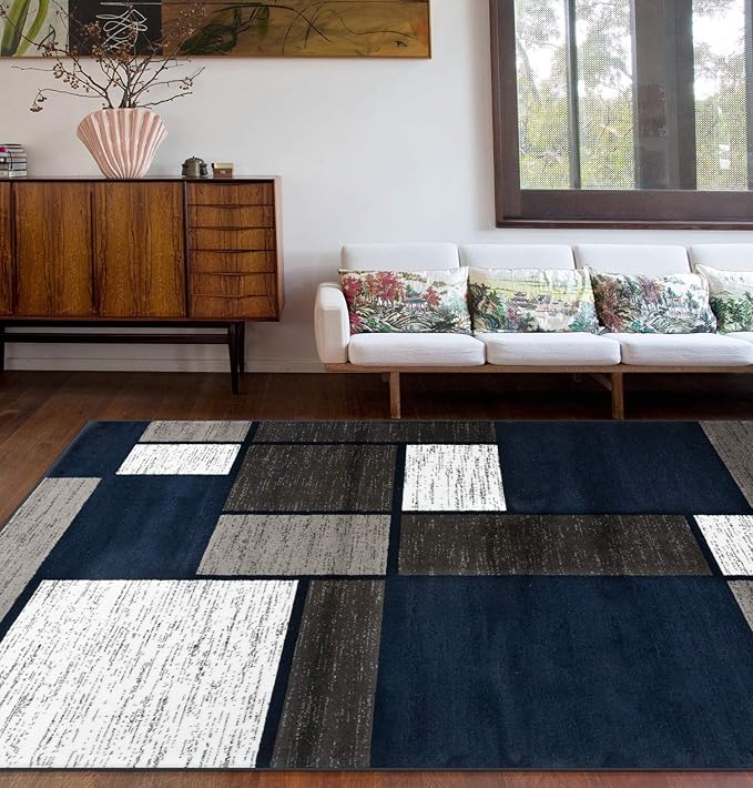 Rugshop Contemporary Modern Boxes Area Rug 10' x 14' Navy