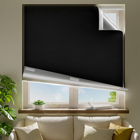 44" W x 48" L 100% Portable Blackout Curtains, Total Darkness No-Drill Black Out Window Cover,Temporary Blackout Shades with Hook & Loop Tape, for Bedroom, Nursery, Dorm, Travel (Black)